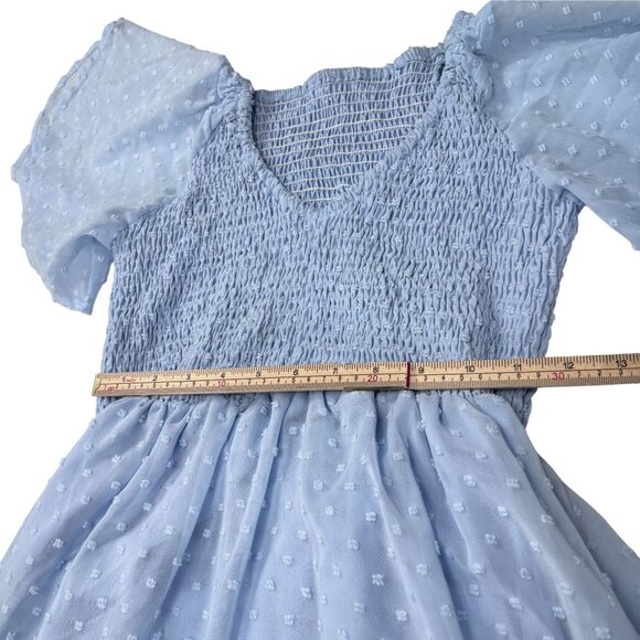 Smocked Bodice Blue Swiss Dot Maxi Dress With V-Back & Flutter Sleeves - Picture 5 of 8